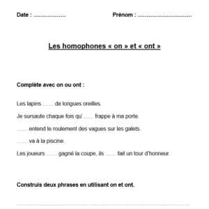 Fiche d’exercices sur les homophones « On » et « Ont »