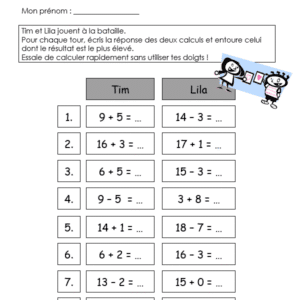 Tim et Lila jouent à la bataille (additions et soustractions)