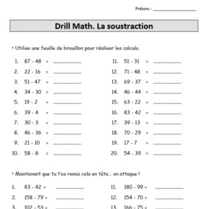 Fiche avec 40 soustractions à effectuer