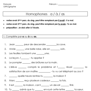 Règle et exercice homophones a / à / as