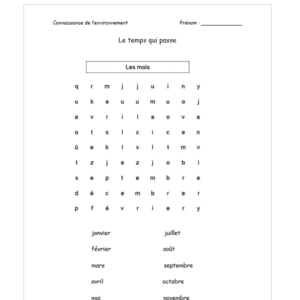 Mots mêlés sur les mois de l'année