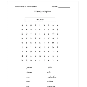 Mots mêlés sur les mois de l'année