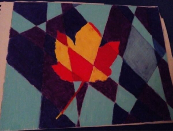 Feuille d'automne en vitrail (dessin au Neocolor)