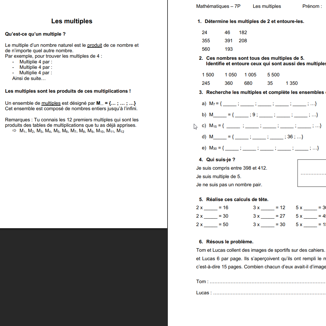 Multiples et diviseurs (théorie et exercices)